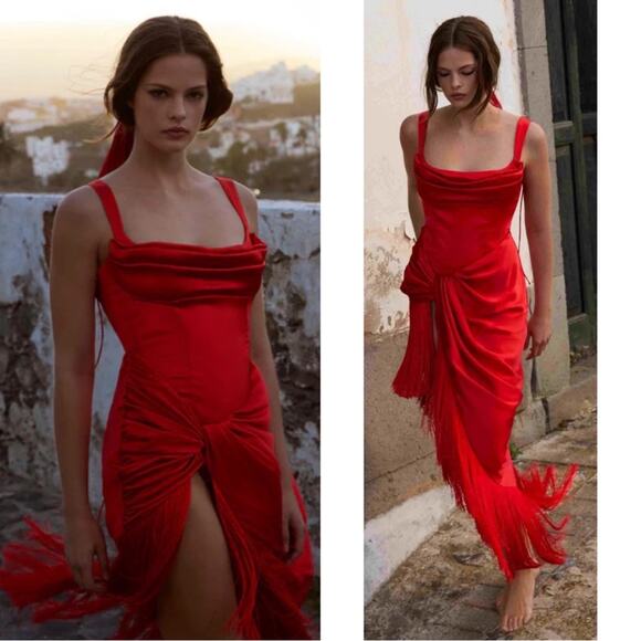 For Love & Lemons Anisa Silk Fringe Ruched Draped Red Midi Dress Size Large - Picture 2 of 12